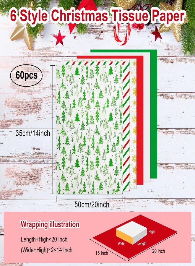 AORZIT Christmas Tissue Paper for Gift Bags 60 Sheet, AORZIT 14x20 Inch Christmas Gift Wrapping Paper Bulk White Red Green, Stripe, Snowflake Design for Present Boxes, Xmas Gift Bags Boxes - Image 3